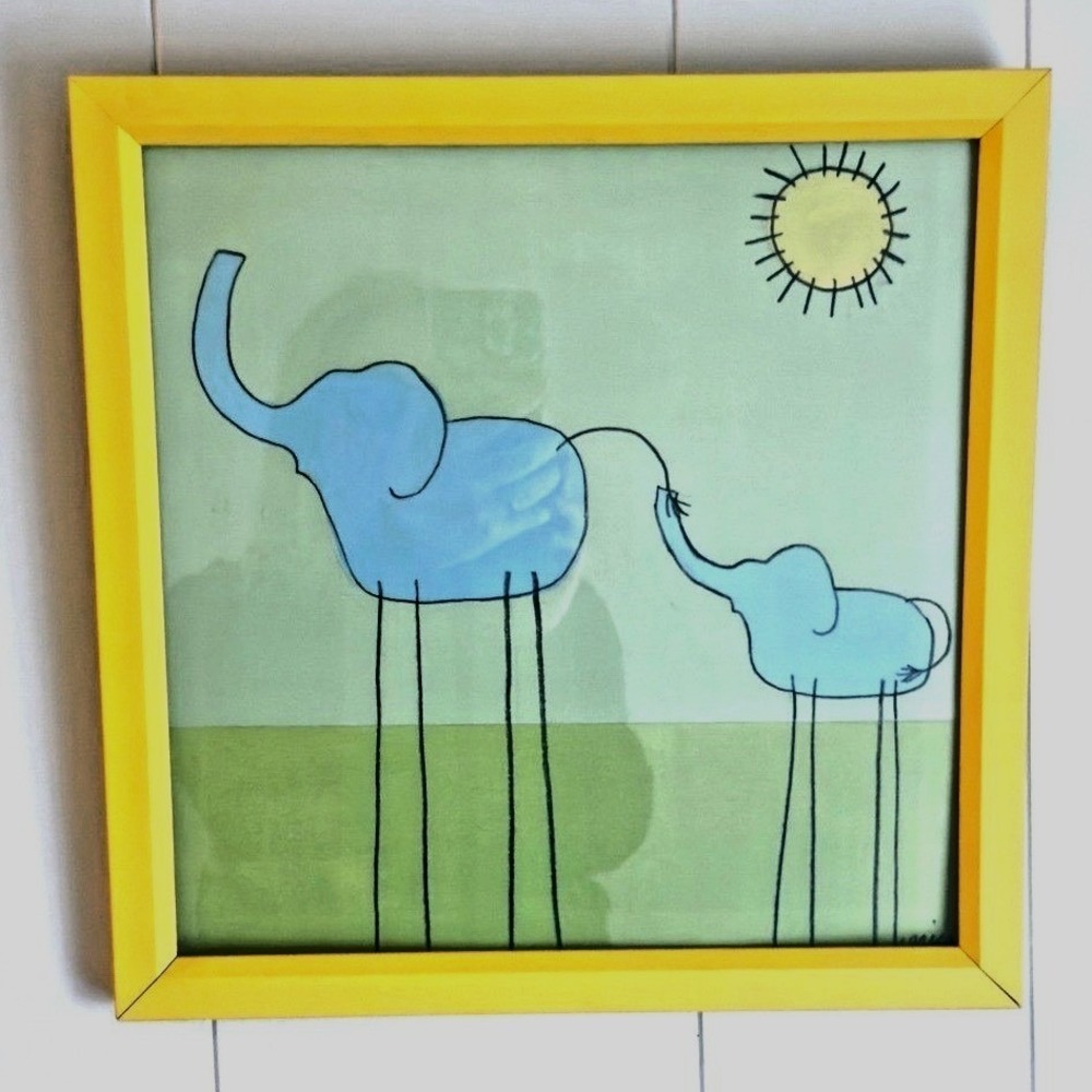 June Erica Vess Stick-Leg Elephant Art Print Yellow Frame Modern Nursery 14 x 14